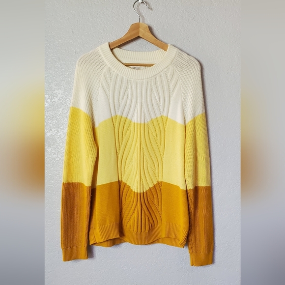 Venus Colorblock Yellow, Cream & Gold Cozy Cable Knit Sweater Size Large - Picture 3 of 9